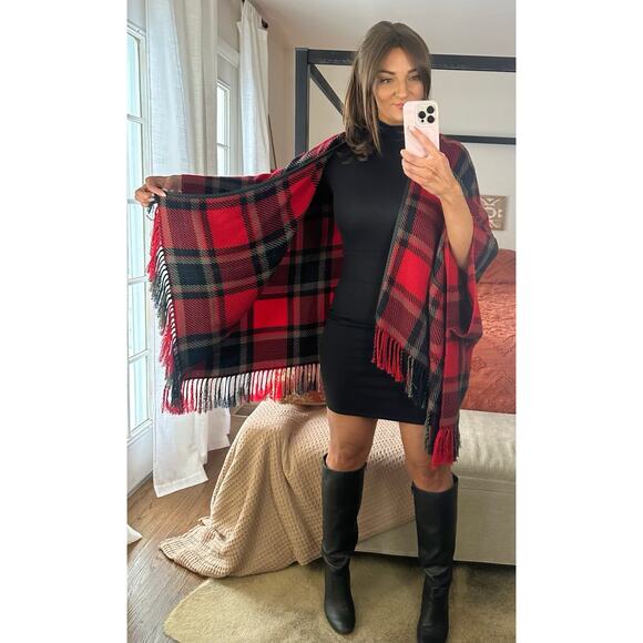 Abercrombie & Fitch Red Scarves & Wraps for Women for sale  Abercrombie & Fitch Red Plaid Tartan Wrap Cape Sweater Pockets O/S